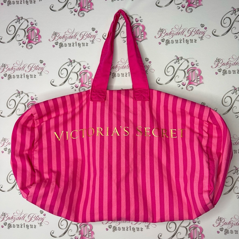 Victoria secret duffle bag large striped OG rare pink gold writing large tote